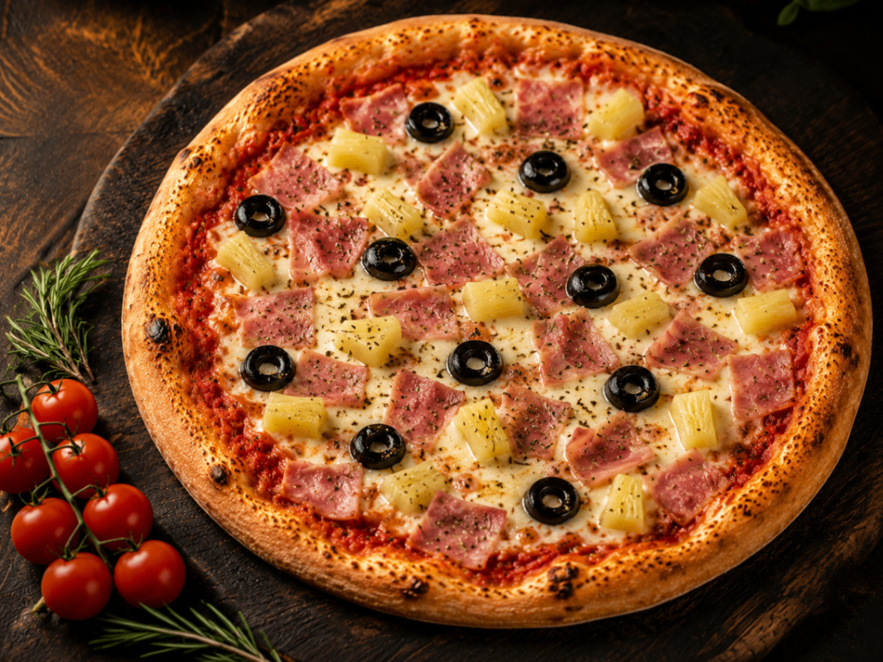 Hawaïenne — Tomate, fromage, jambon, ananas, origan, olives